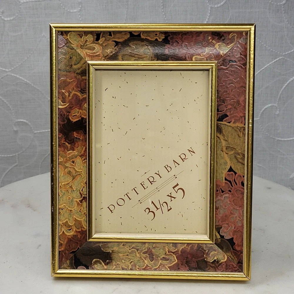VTG Pottery Barn Picture Frame 3.5x5 Gold Trim Floral Decoupage Trim Tabletop